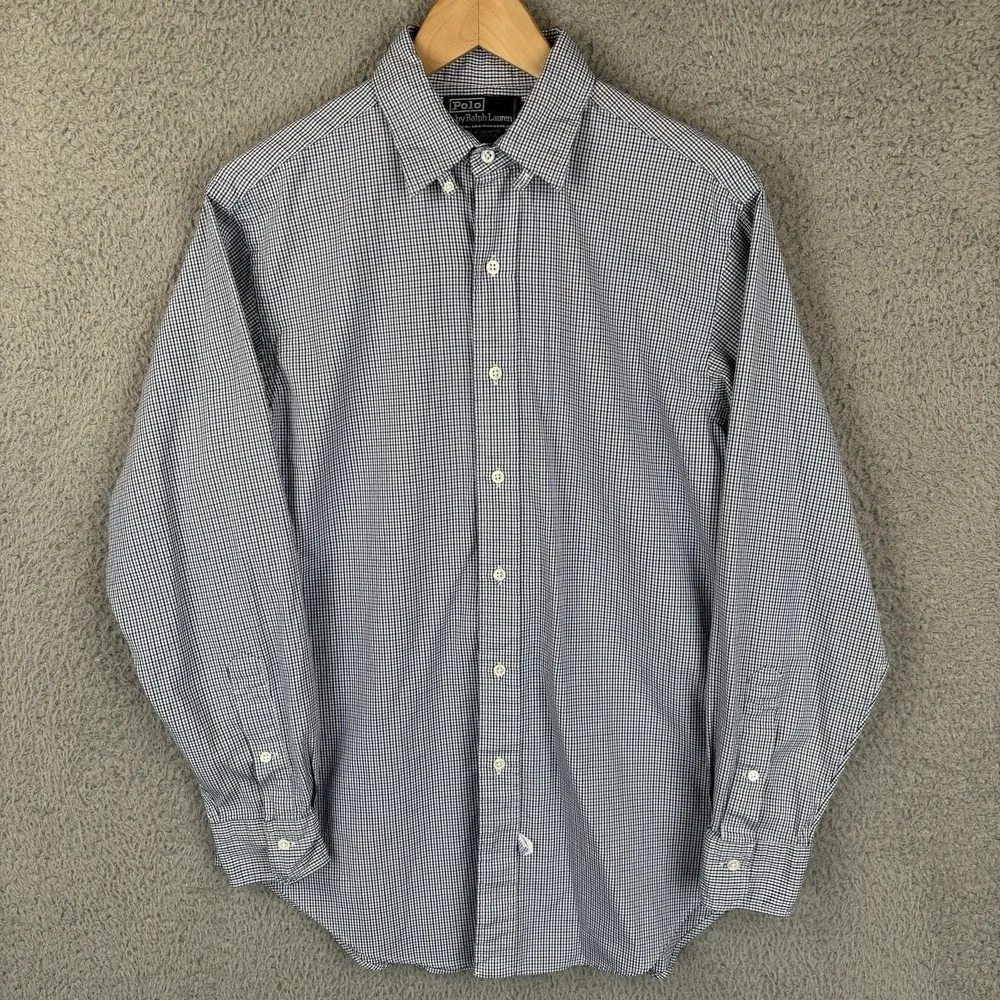 Polo Ralph Lauren Shirt Mens 15.5/33 Blue Gingham Check Button Up‎ Loop Collar